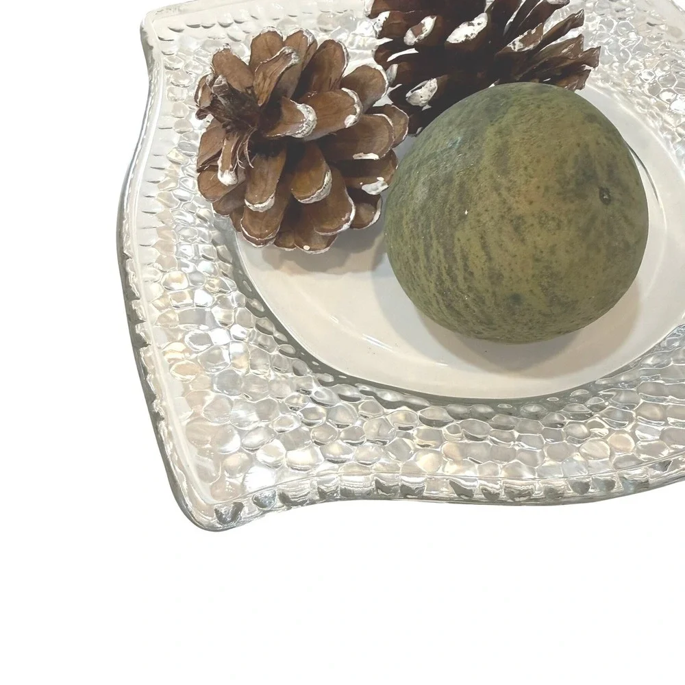 PartyLite Clear Textured Glass 3-Wick‎ Candle Holder Plate Wave Edge Table Decor